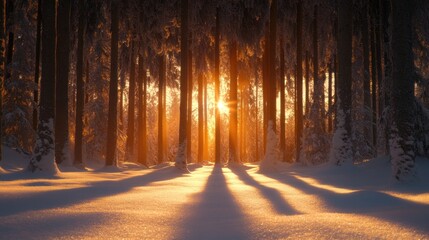 Golden Hour in a Winter Wonderland: Sunlit Snow Forest