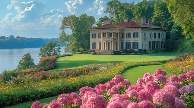 A scenic view of the Mount Vernon estate overlooking the Potomac River, with the mansion and gardens framed by blooming flowers and vibrant greenery under bright natural sunlight
