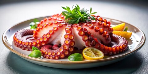 Gourmet Japanese octopus sashimi, artfully plated on a white round dish, glows under low light.