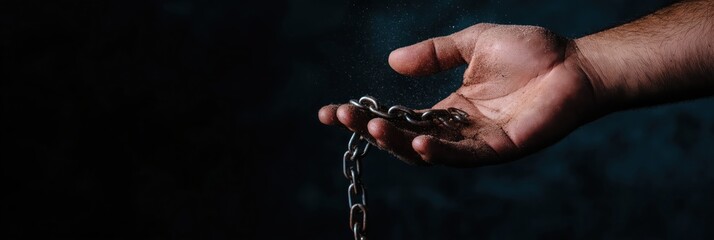 A close-up shot of a human hand holding broken chains; the image symbolizes freedom, struggle, and the release from constraints, conveying deep emotional strength and resilience.