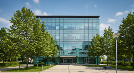  Featuring a modern glass design, this office building is strategically located amidst towering trees that aid in decreasing heat and carbon dioxide. It stands as an eco-friendly corporate facility de