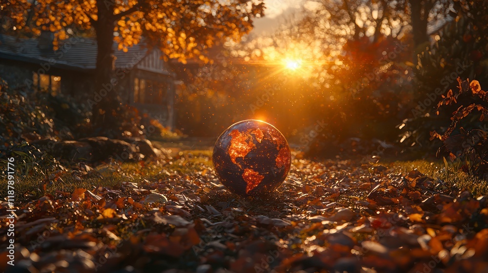 Wall mural Glowing globe amid autumn leaves.