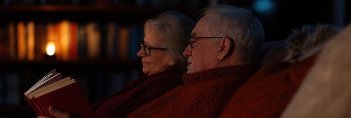 Fototapeta premium A cozy setting where an elderly couple enjoys reading together by candlelight, uniquely capturing the warmth of companionship and the beauty of shared moments in their lives.