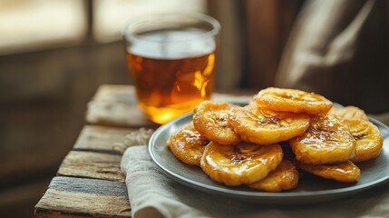 Sweet caramelized fried bananas on plate.