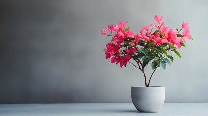 Fototapeta premium Pink Bougainvillea Plant in Grey Pot on Table