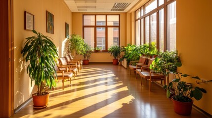 Sunlit Waiting Area with Lush Greenery and Wooden Chairs