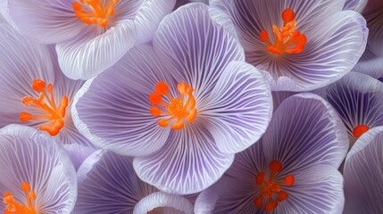 "Close-up of purple crocus flowers featuring vibrant orange pistils and stamens, Arlington, Massachusetts."