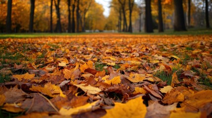 A serene park scene with vibrant autumn leaves covering the ground.