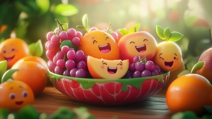 Happy Fruits Bowl: A Delightful 3D Render of Smiling Fruits in a Vibrant Bowl