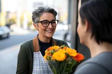 Flower shop owner delivers joyful blooms to customer urban street photo bright day close-up community connection