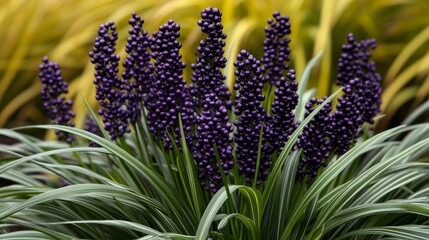 Liriope muscariRoyal Purplealso known as Money Grassthis ornamental grass features spikes of deep purple flowers that rise above the arching dark green grasslike foliage followed by black berries