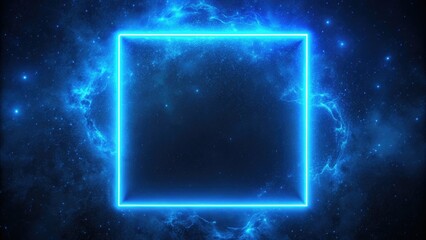 Obraz premium Minimalist space art: a cosmic blue neon square frames a dark galaxy, outlined in a vibrant blue line.