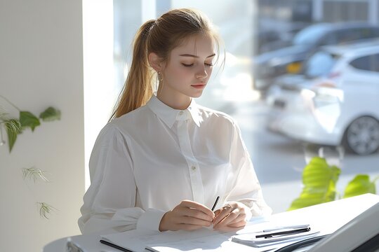 Young woman sketching at desk, office window, sunny day, design work - Powered by Adobe