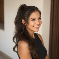 Una muy hermosa latina sonriente,con una encantadora cola de caballo