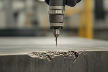 Precision drilling action on metal surface in industrial setting close-up view manufacturing process