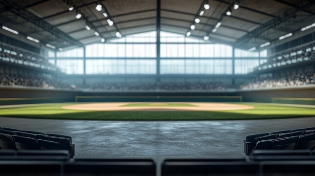 3D render of empty baseball arena open air stadium on daytime Blurred imaged of sport fans on tribune Concept of professional sport competition championship game