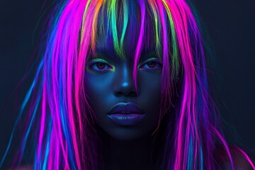 Fototapeta premium Pretty calm black girl - for ads, banner and web banner use. Commercial ad visual idea. Long trim - multicolored hair. Long hair woman portrait concepts. Beautiful african concept.