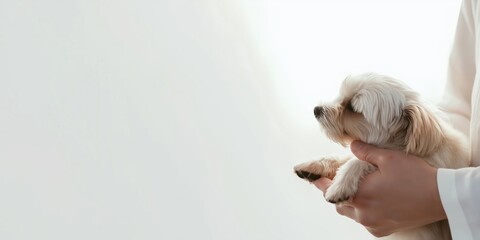 A small, adorable dog is gently held in a person's arms, exuding warmth, affection, and the special bond that exists between pets and their owners in a loving moment.