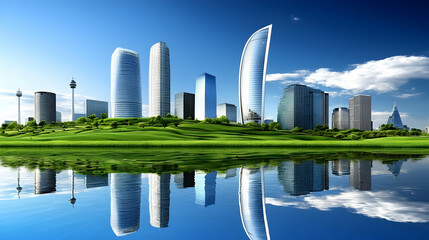 Cityscape, Green Park, Lake Reflection, Modern Architecture, Sustainable Urban Development, Eco-Friendly City, Brochure Design