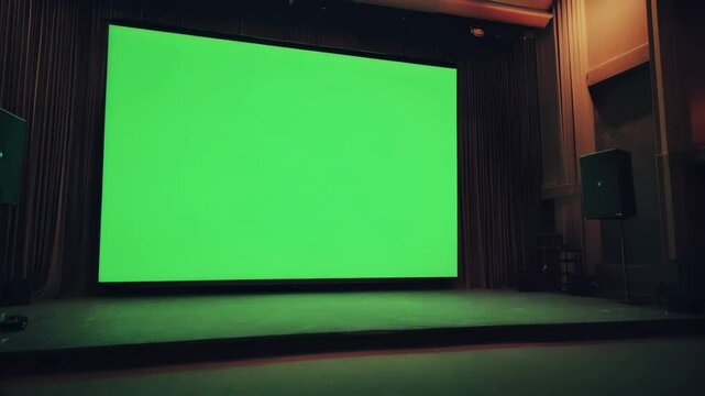 Large green screen backdrop in theater setting creates empty stage filled with anticipation and creativity, perfect for video production and performance lighting.