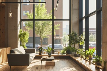 Sunlight Streams into Modern Room with Plants and a Sofa, Creating a Serene Atmosphere