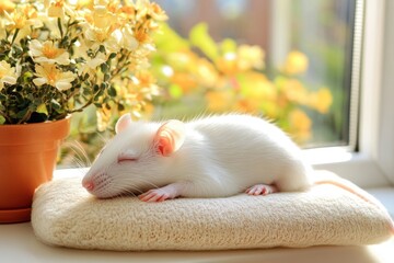 White rat sleeping peacefully on a soft blanket near potted flowers in a sunny window, capturing a serene moment of relaxation and nature's beauty in a cozy setting