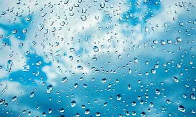 Water drops on glass with blue sky and white clouds as background.