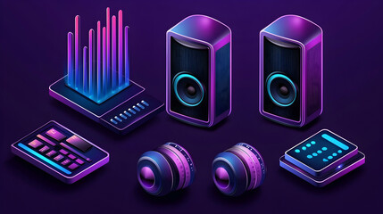 Isometric neon music studio equipment; speakers, mixer, headphones, equalizer; dark background; website design