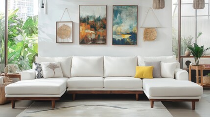 Cosy and stylish interior design of living room with modular white sofa wooden furnitures paintings on the wall decorations windowsill and personal accessories Home styling Template