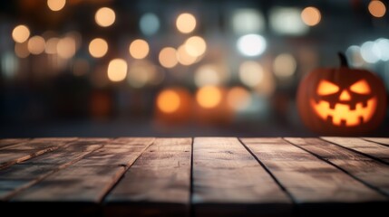 Empty wooden table and blurred with Halloween background Halloween night Mockup Copy Space