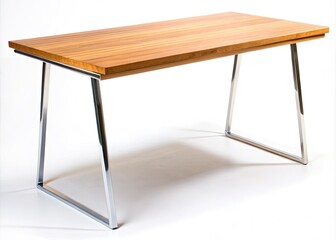 Fototapeta premium Sleek wooden desk: minimalist design, metal legs, white backdrop. Perfect modern home office addition.