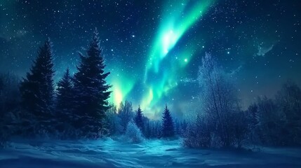 Naklejka premium Aurora Borealis or Northern Lights shining bright over night sky in a nordic forest