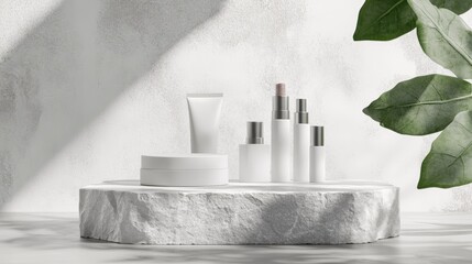 White stone base product display podium cosmetic placement studio platform Mockup