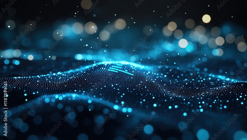 Poster abstract blue particle waves flow dynamically in dark background with glowing lights, creating a fut