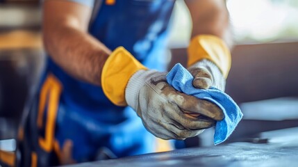 Carpenter wipes carpentry product with rag