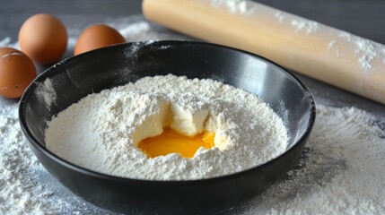Baking ingredients for baking sweet buns close-up flour with a broken egg in a black bowl rolling pin on a table