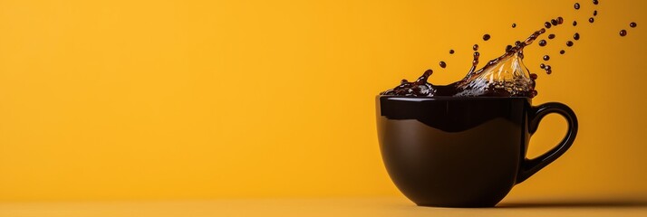 An exciting capture of coffee splashing from a sleek black cup against a bright yellow background, symbolizing energy, warmth, and the everyday joy of coffee culture.