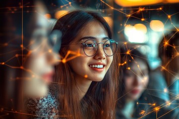 Young Woman in Glasses Smiling with Abstract Network Design, Reflecting Modern Technology and Connection in a Cozy Indoor Setting