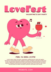 Retro Groovy Lovefest Invitation. Cute walking heart character with glass wine in retro groovy style. Valentines day party concept. Vector vertical banner, pink colors