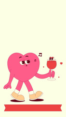 Vertical stories template with heart character and wine in trendy retro groovy style. Social media post with psychedelic mascot. Vector illustration with copy space