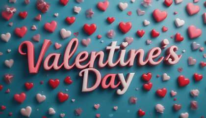 3d text "valentine's day" red, white and pink realistic rendering celebration,  pilling hearts,