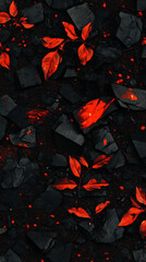 Fototapeta premium Red leaves on dark rocks create striking contrast