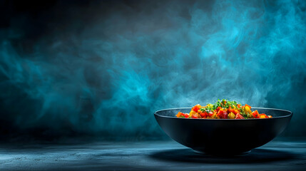 Steaming vegetable bowl, kitchen setting, smoky blue background, food photography
