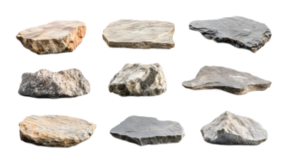collection of flat rocks stone podium for isolated on white background 
