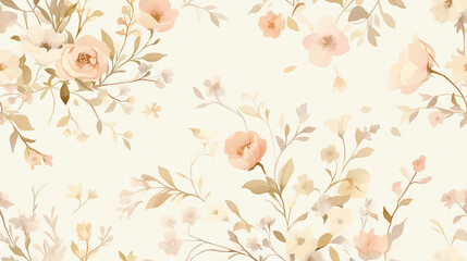 The image features a soft, pastel-colored floral pattern with various shades of pink, beige, and white flowers and leaves on a light background, creating a vintage and delicate aesthetic