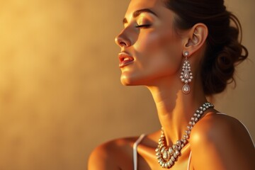 Beautiful and stylish woman in profile with closed eyes, wearing trendy pearl jewelry and natural makeup, bathed in golden light, ideal for beauty and fashion themes