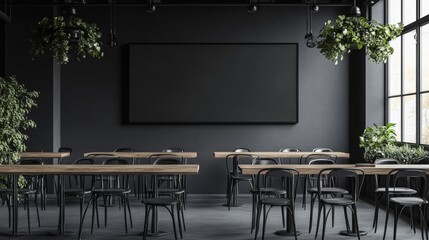 Modern black and gray cafe interior with a rectangular sign wooden tables and metal chairs 3d rendering mock up toned image double exposure