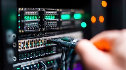 Naklejka premium Data Center Server Room IT Technician Connecting Network Cables