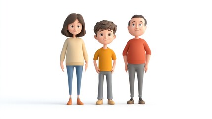 Happy cartoon family of three standing together.