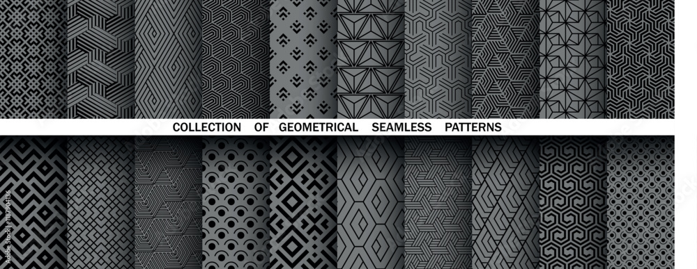 Poster Geometric set of seamless black and gray patterns. Simple vector graphics